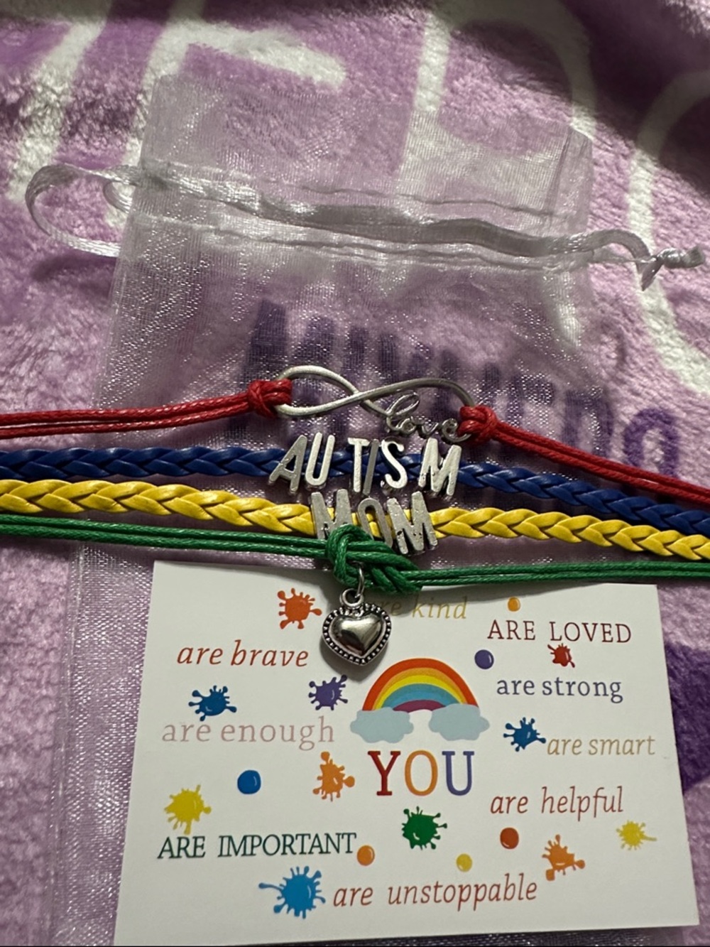 Autism Mom Multi-Color Awareness Charm Bracelet - with positive affirmation card